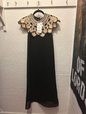 Black Crochet Maxi Dress with Beige Crochet Yoke